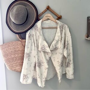 Blue Moon Boho Linen  Draped Jacket – Neutral Floral Open Front Layer